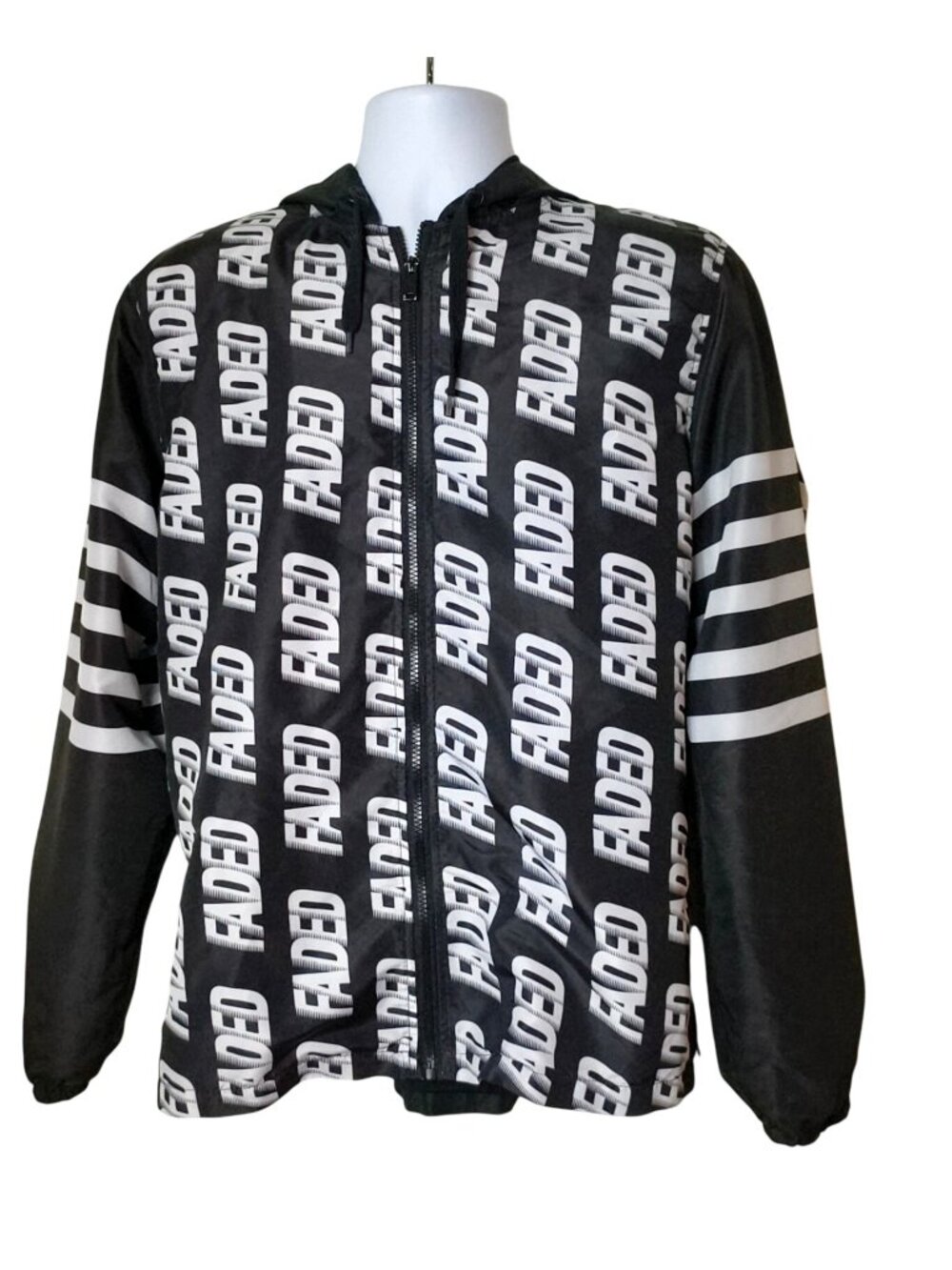 Five By Five FADED Mens L Jacket Hooded Windbreaker Black Stripe Athleisure Hip